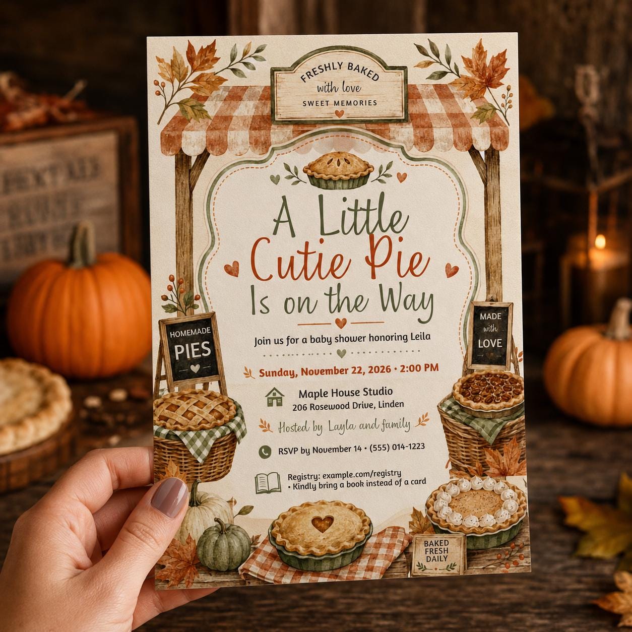 Cutie Pie Baby Shower Invitation, Fall Pumpkin Pie Bakery Theme, Gender Neutral Editable Printable Canva Template - Image 5