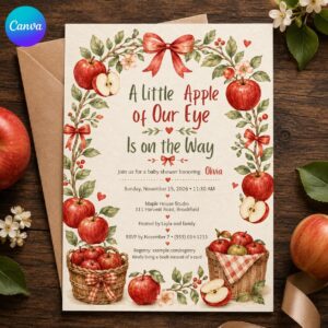 Apple Baby Shower Invitation, Apple of Our Eye Fall Orchard Theme, Gender Neutral Editable Printable Canva Template