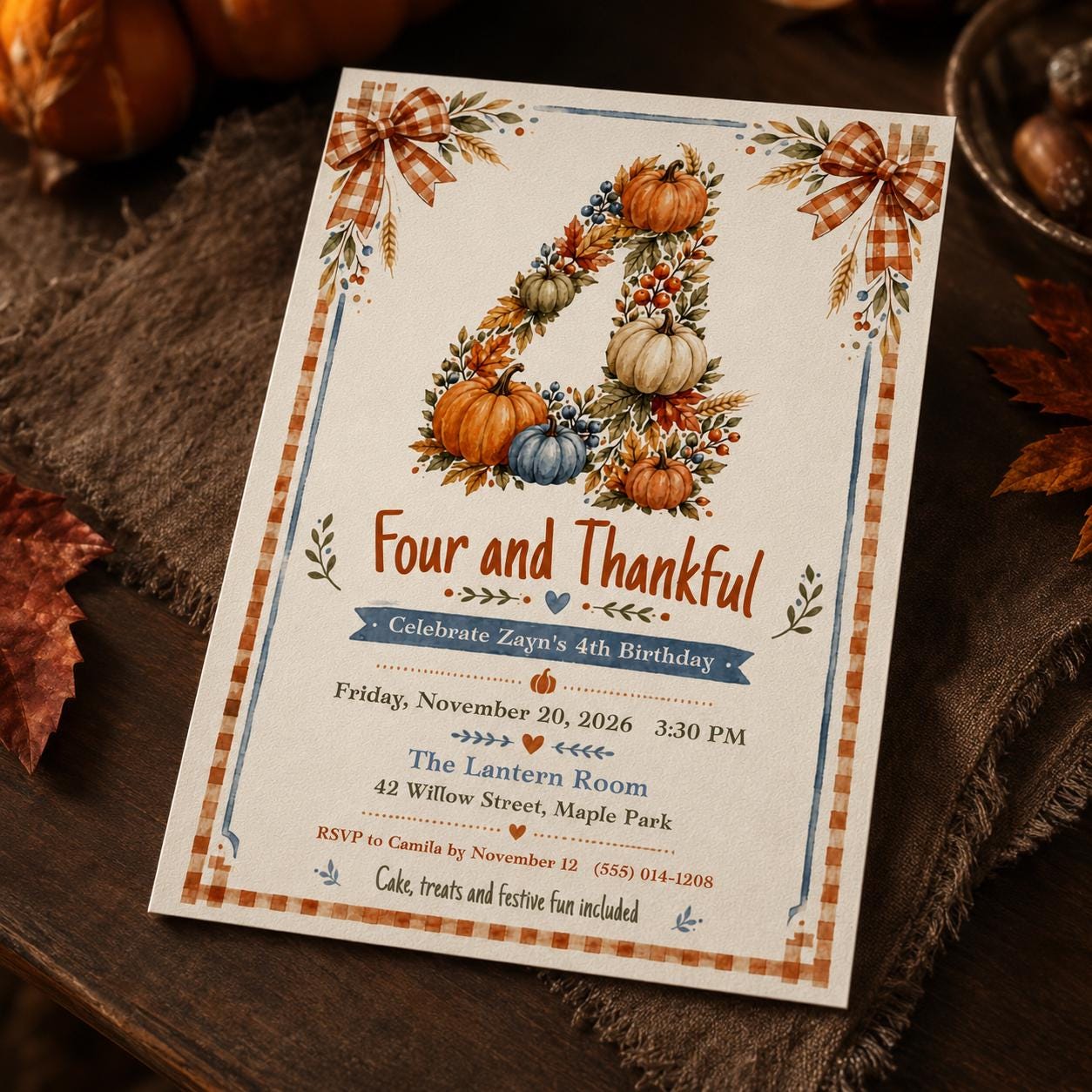 Thanksgiving 4th Birthday Invitation, Four and Thankful Pumpkin Party, Autumn Kids Editable Printable Canva Template - Image 3