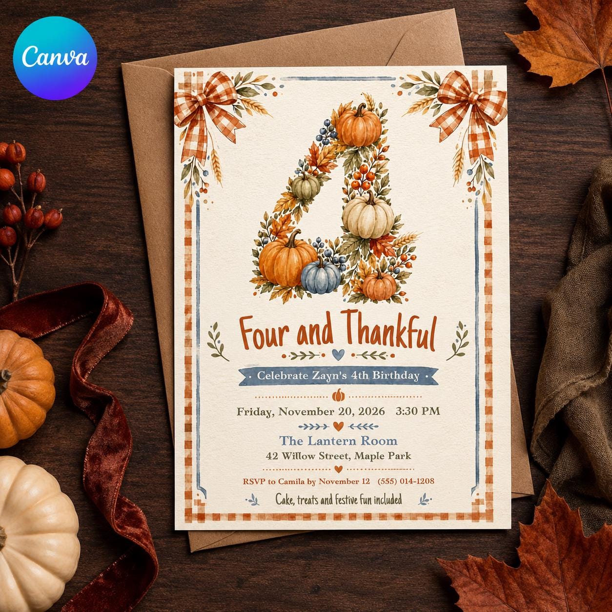 Thanksgiving 4th Birthday Invitation, Four and Thankful Pumpkin Party, Autumn Kids Editable Printable Canva Template