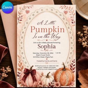 Little Pumpkin Baby Shower Invitation, Pink Coquette Fall Girl Invite, Editable Lace Bow Canva Template