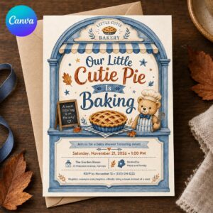 Cutie Pie Baby Shower Invitation, Little Boy Bakery Fall Theme, Editable Blue Teddy Bear Canva Template
