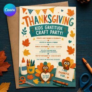Thanksgiving Kids Craft Party Invitation, Gratitude Turkey Activity, Editable Fall Classroom Canva Template