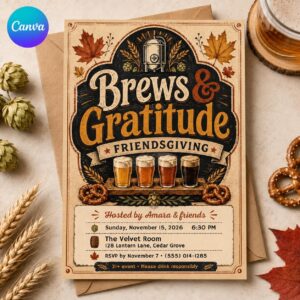 Friendsgiving Beer Tasting Invitation, Brews and Gratitude Adult Fall Party, Editable Brewery Canva Template
