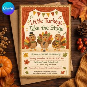 Thanksgiving School Play Invitation, Little Turkeys Fall Concert Flyer, Editable Kids Performance Canva Template