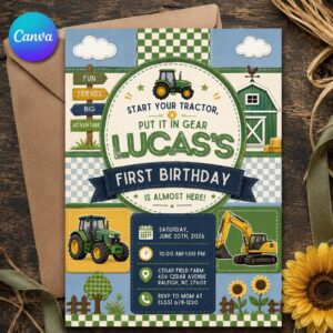 Tractor First Birthday Invitation, Start Your Tractor Farm Party Invite for Boys, Editable Printable Canva Template