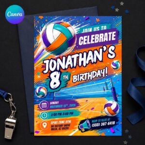 Volleyball 8th Birthday Invitation, Colorful Sports Party Invite for Girls or Boys, Editable Printable Canva Template