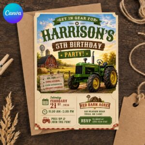 Tractor 5th Birthday Invitation, Rustic Farm and Barnyard Party Invite for Boys, Editable Printable Canva Template