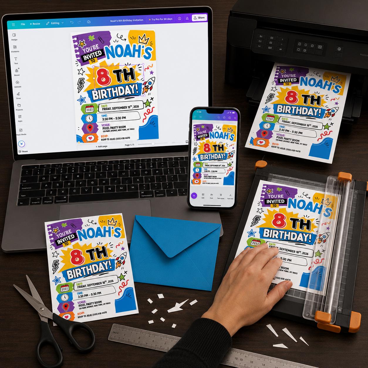 8th Birthday Invitation, Colorful Doodle Party Invite for Boys, Bright Editable Printable Canva Template - Image 3