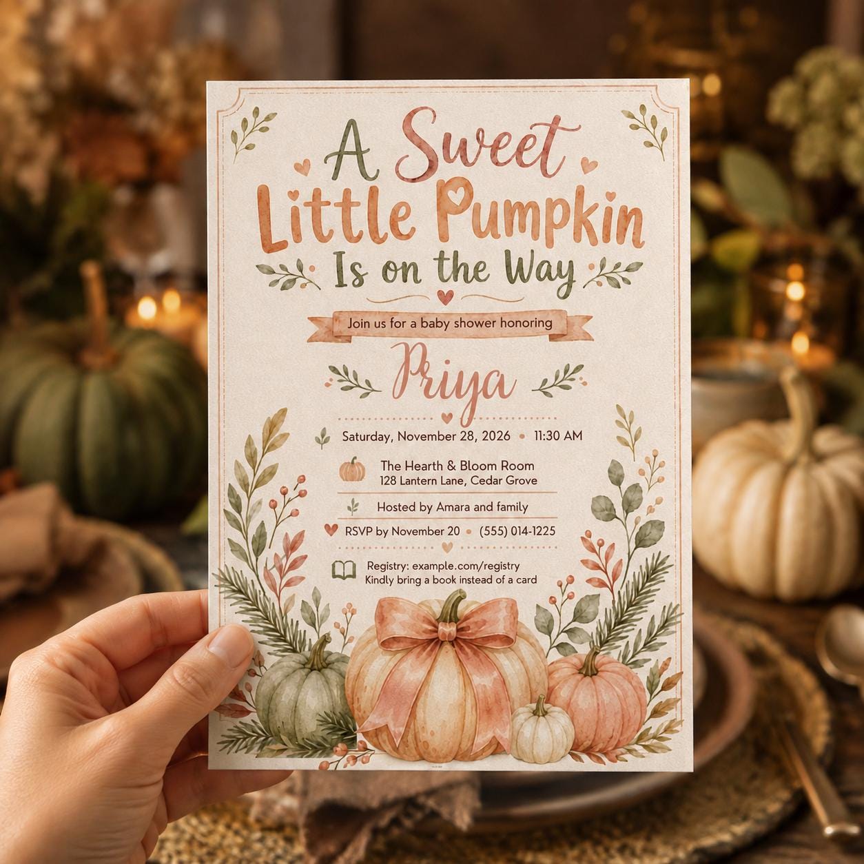 Little Pumpkin Baby Shower Invitation, Pink Bow Fall Girl Shower Invite, Sweet Pumpkin Editable Canva Template - Image 5