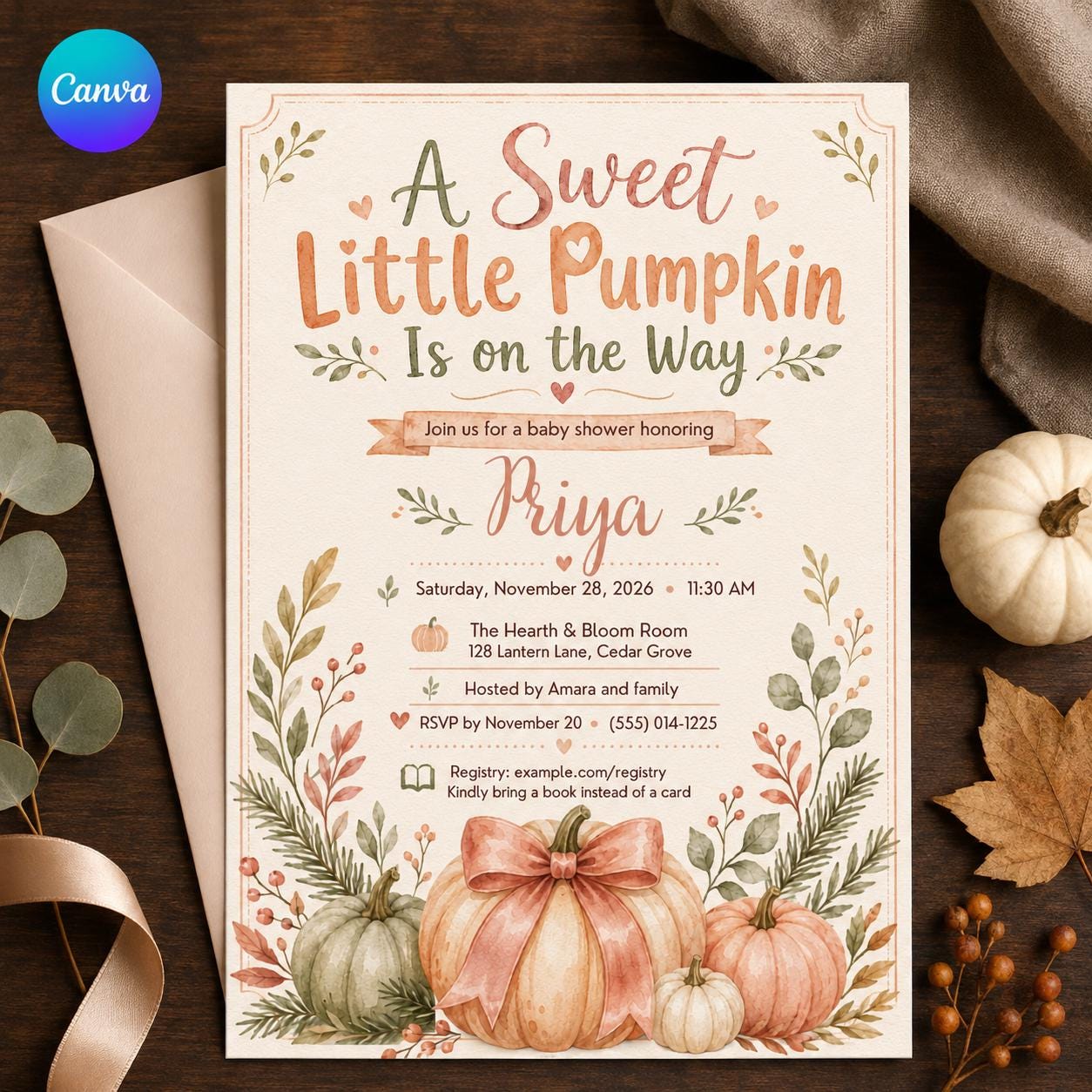 Little Pumpkin Baby Shower Invitation, Pink Bow Fall Girl Shower Invite, Sweet Pumpkin Editable Canva Template