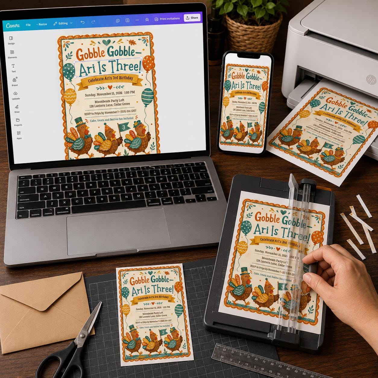 Turkey 3rd Birthday Invitation, Gobble Gobble Turning Three Thanksgiving Fall Party Invite, Editable Canva Template - Image 3