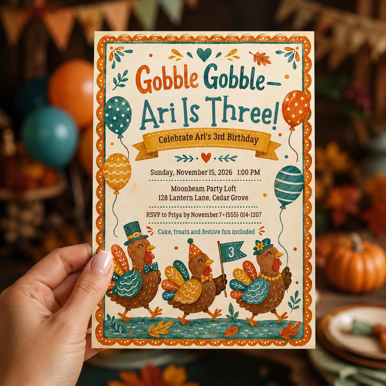 Turkey 3rd Birthday Invitation, Gobble Gobble Turning Three Thanksgiving Fall Party Invite, Editable Canva Template - Image 6