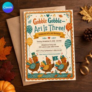 Turkey 3rd Birthday Invitation, Gobble Gobble Turning Three Thanksgiving Fall Party Invite, Editable Canva Template