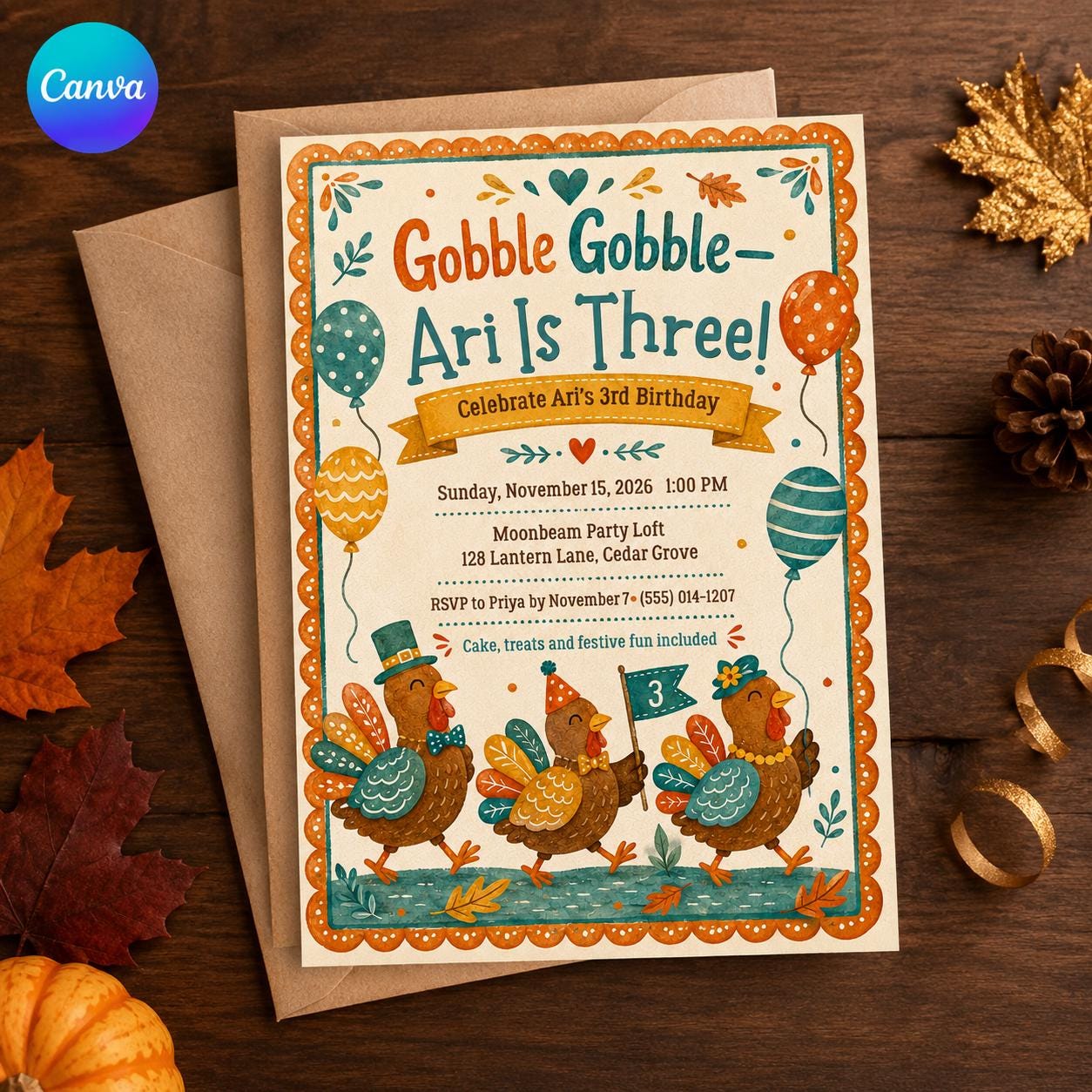 Turkey 3rd Birthday Invitation, Gobble Gobble Turning Three Thanksgiving Fall Party Invite, Editable Canva Template