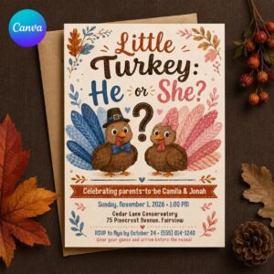Turkey Gender Reveal Invitation, Little Turkey He or She Thanksgiving Party Invite, Editable Printable Canva Template