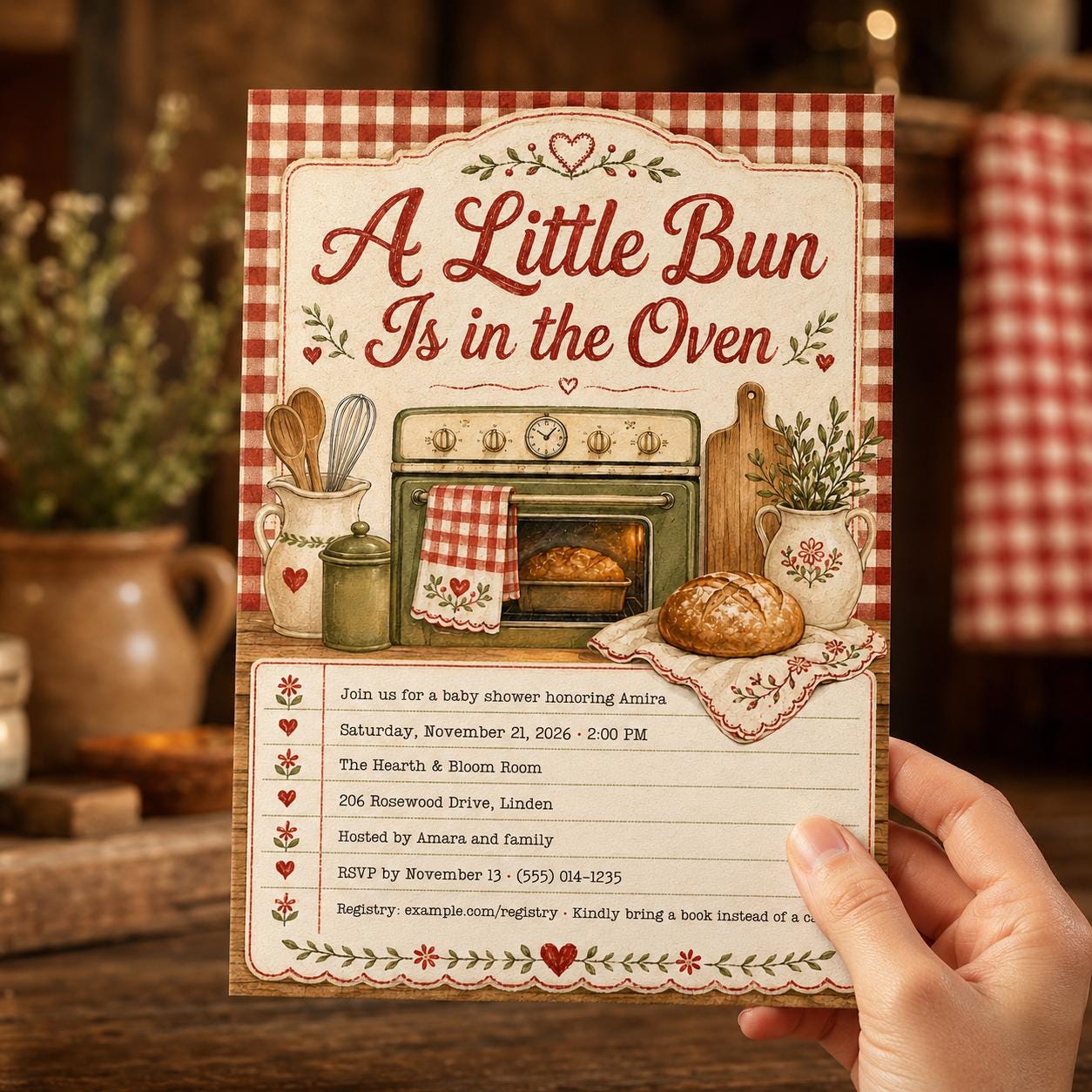 Bun in the Oven Baby Shower Invitation, Vintage Kitchen Baking Theme Gender Neutral Invite, Editable Canva Template - Image 4