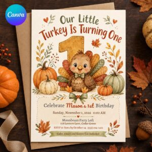 Turkey First Birthday Invitation, Our Little Turkey Is Turning One, Thanksgiving Fall Party Invite, Editable Canva Template