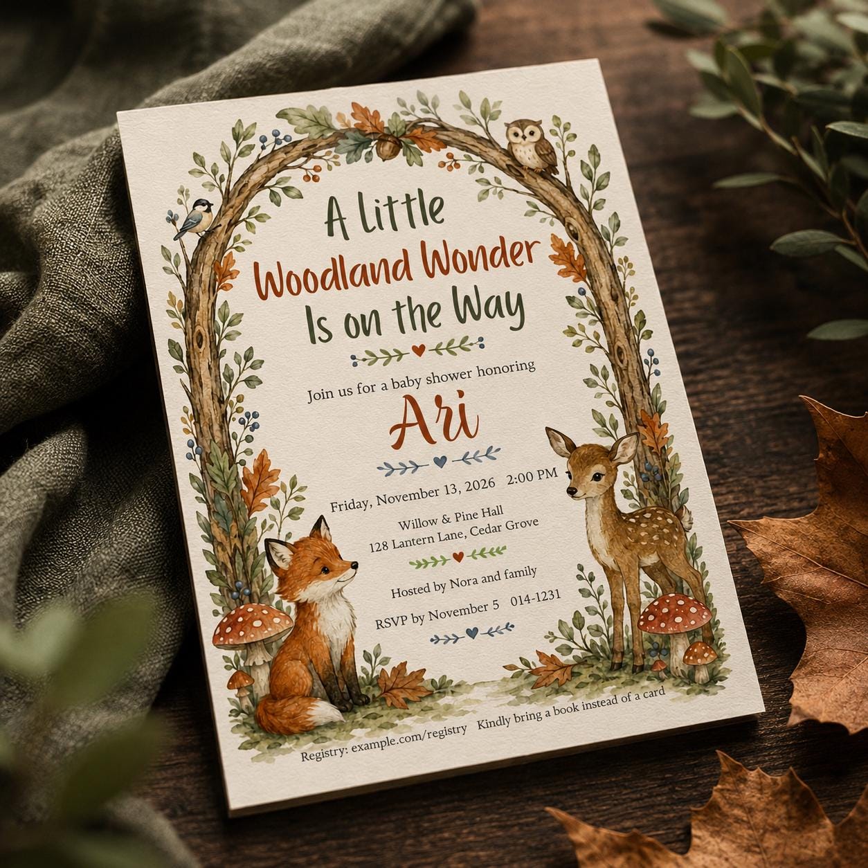 Woodland Baby Shower Invitation, Forest Animals Fox Deer Owl, Gender Neutral Fall Invite, Editable Canva Template - Image 3