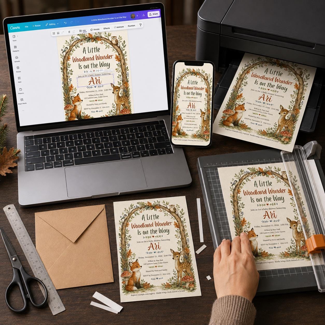 Woodland Baby Shower Invitation, Forest Animals Fox Deer Owl, Gender Neutral Fall Invite, Editable Canva Template - Image 6