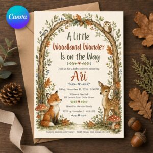 Woodland Baby Shower Invitation, Forest Animals Fox Deer Owl, Gender Neutral Fall Invite, Editable Canva Template