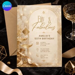 50th Birthday Invitation, Fifty and Fabulous Gold Art Deco Champagne Party Invite, Editable Printable Canva Template
