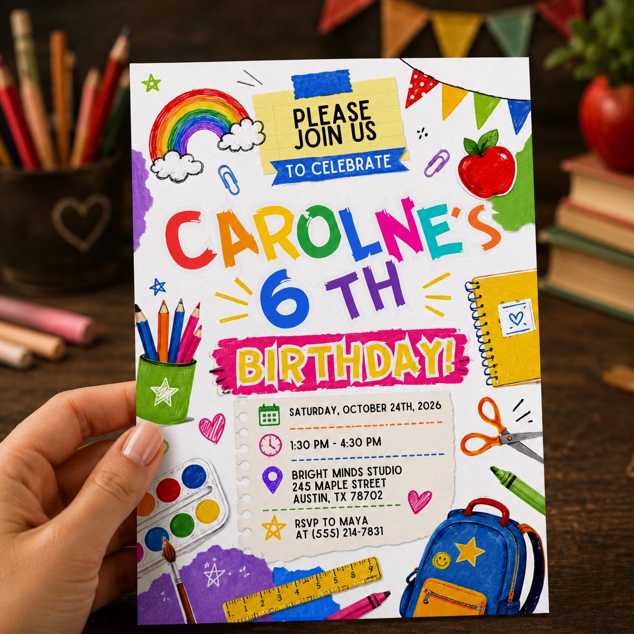 6th Birthday Invitation, Colorful School Doodle Art Party Invite for Kids, Editable Printable Canva Template - Image 5