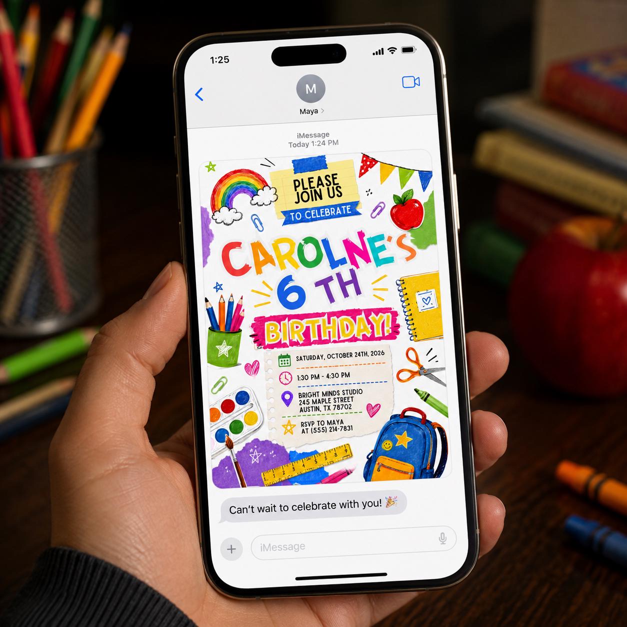 6th Birthday Invitation, Colorful School Doodle Art Party Invite for Kids, Editable Printable Canva Template - Image 6