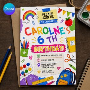 6th Birthday Invitation, Colorful School Doodle Art Party Invite for Kids, Editable Printable Canva Template