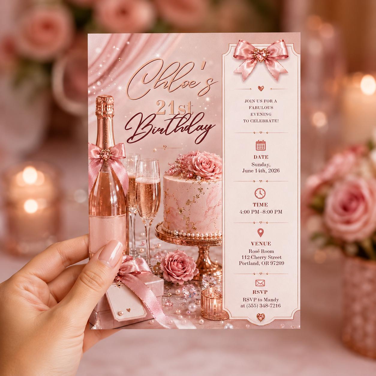 21st Birthday Invitation, Blush Pink Rose Gold Bow Party Invite for Her, Elegant Editable Printable Canva Template - Image 6