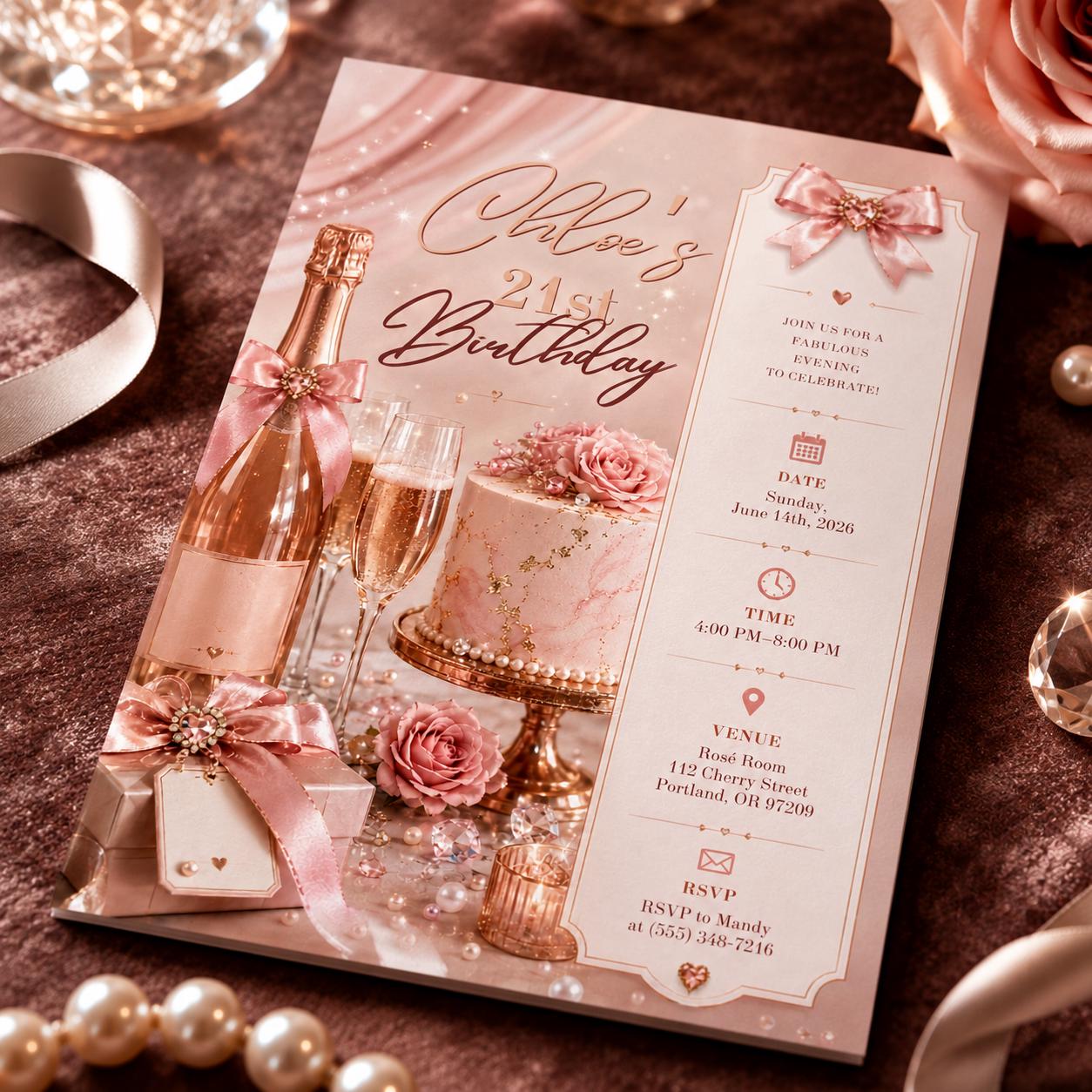21st Birthday Invitation, Blush Pink Rose Gold Bow Party Invite for Her, Elegant Editable Printable Canva Template - Image 4