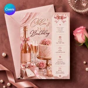 21st Birthday Invitation, Blush Pink Rose Gold Bow Party Invite for Her, Elegant Editable Printable Canva Template