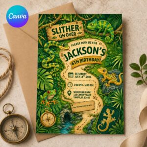 Reptile 6th Birthday Invitation, Slither On Over Jungle Snake and Lizard Party Invite, Editable Printable Canva Template