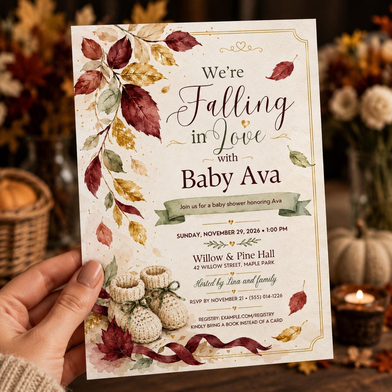 Falling in Love Baby Shower Invitation, Elegant Autumn Leaves Gender Neutral Invite, Editable Fall Canva Template - Image 5