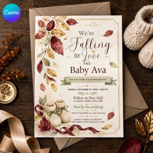 Falling in Love Baby Shower Invitation, Elegant Autumn Leaves Gender Neutral Invite, Editable Fall Canva Template
