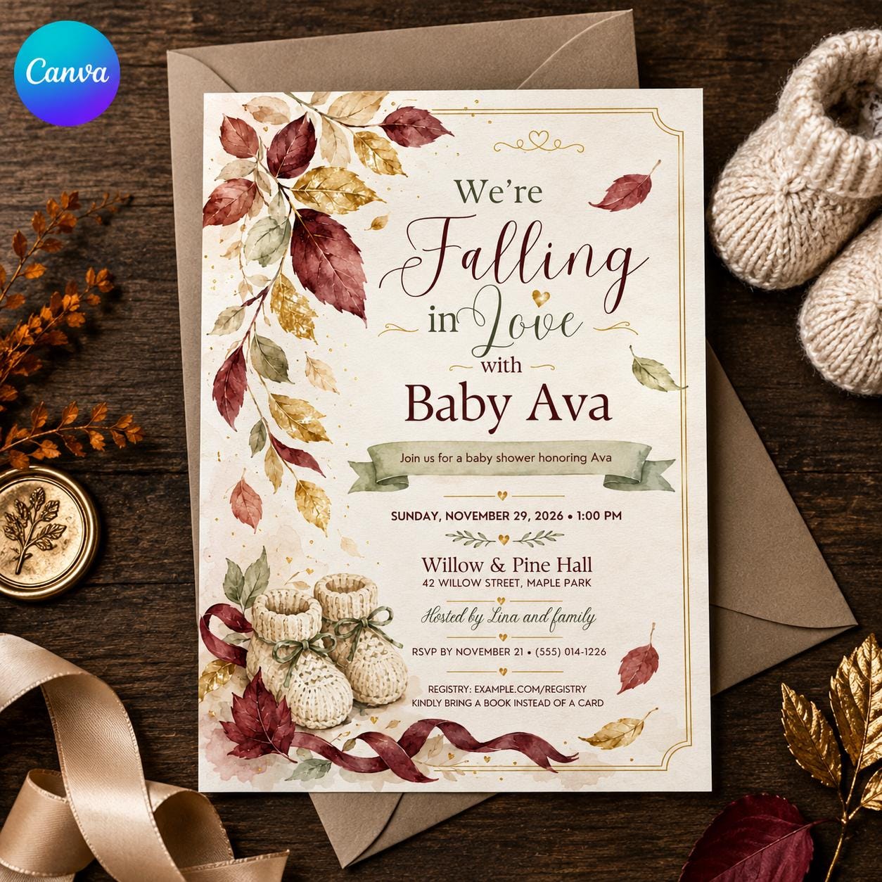 Falling in Love Baby Shower Invitation, Elegant Autumn Leaves Gender Neutral Invite, Editable Fall Canva Template