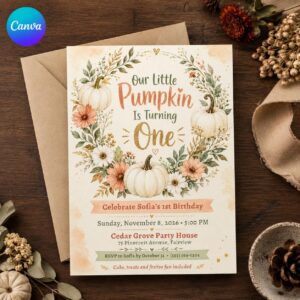 Little Pumpkin First Birthday Invitation, Neutral Floral Fall Girl Party Invite, Editable Autumn Canva Template