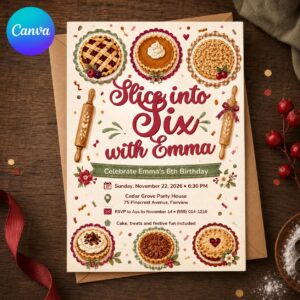 Pie Birthday Invitation, Slice Into Six Girl Baking Party Invite, Editable Fall Dessert Canva Template