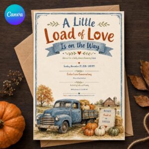 Fall Baby Shower Invitation, Little Load of Love Vintage Truck Boy Invite, Editable Rustic Autumn Canva Template