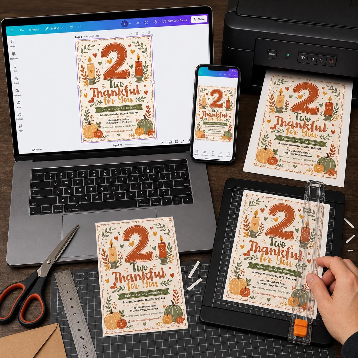 Two Thankful Birthday Invitation, Pumpkin Fall 2nd Birthday Party, Editable Thanksgiving Canva Template - Image 3
