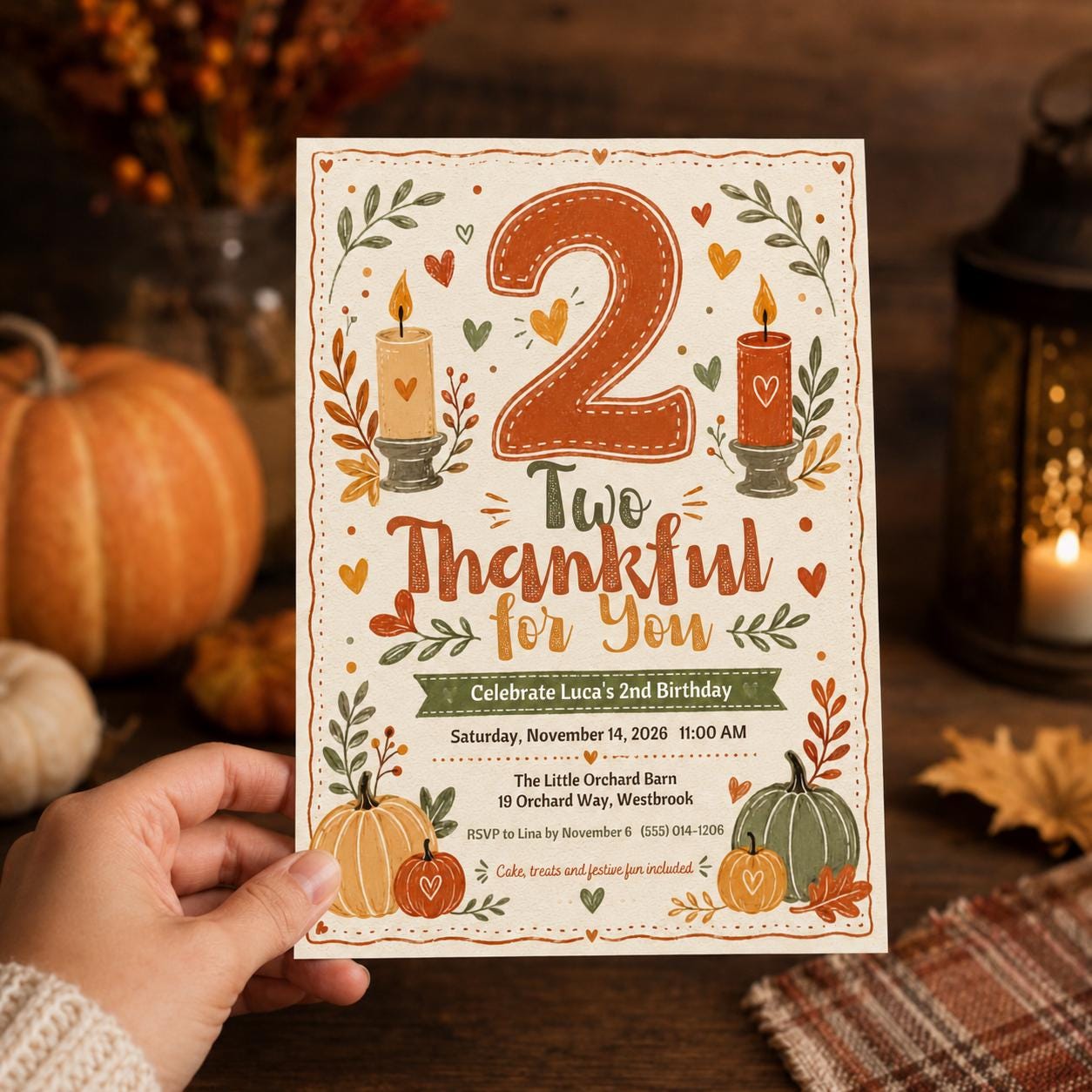 Two Thankful Birthday Invitation, Pumpkin Fall 2nd Birthday Party, Editable Thanksgiving Canva Template - Image 6