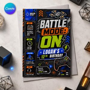 12th Birthday Gamer Invitation, Battle Mode Video Game Party Invite for Boys, Drone Gaming Editable Canva Template