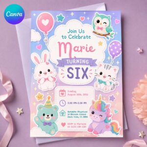 6th Birthday Animal Invitation, Pastel Kawaii Party Invite for Girls, Cute Owl Bunny Unicorn Editable Canva Template