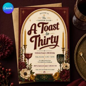 30th Birthday Dinner Invitation, Burgundy Supper Club Party, A Toast to Thirty Vintage Editable Canva Template