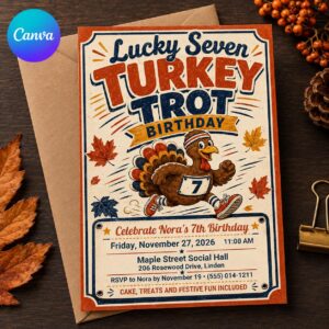 Turkey Trot 7th Birthday Invitation, Thanksgiving Kids Party, Lucky Seven Retro Editable Printable Canva Template