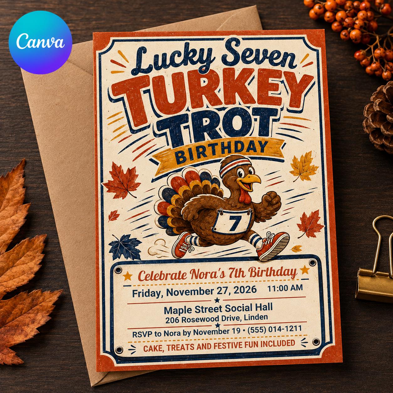 Turkey Trot 7th Birthday Invitation, Thanksgiving Kids Party, Lucky Seven Retro Editable Printable Canva Template