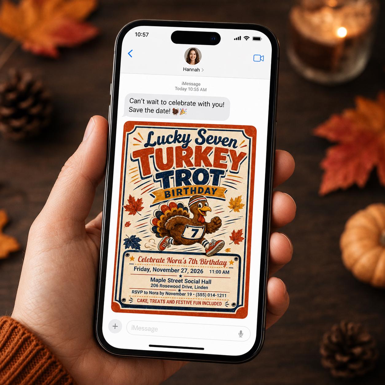 Turkey Trot 7th Birthday Invitation, Thanksgiving Kids Party, Lucky Seven Retro Editable Printable Canva Template - Image 3