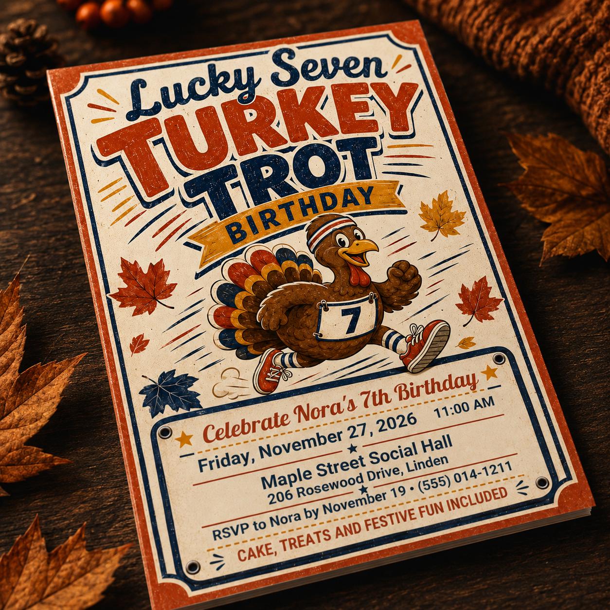 Turkey Trot 7th Birthday Invitation, Thanksgiving Kids Party, Lucky Seven Retro Editable Printable Canva Template - Image 6