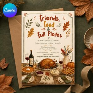 Friendsgiving Invitation, Thanksgiving Potluck Dinner Party, Friends Food and Full Plates Editable Printable Canva Template