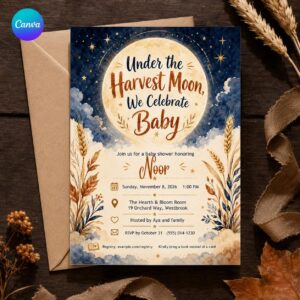 Harvest Moon Baby Shower Invitation, Celestial Fall Moon and Stars Gender Neutral Editable Printable Canva Template